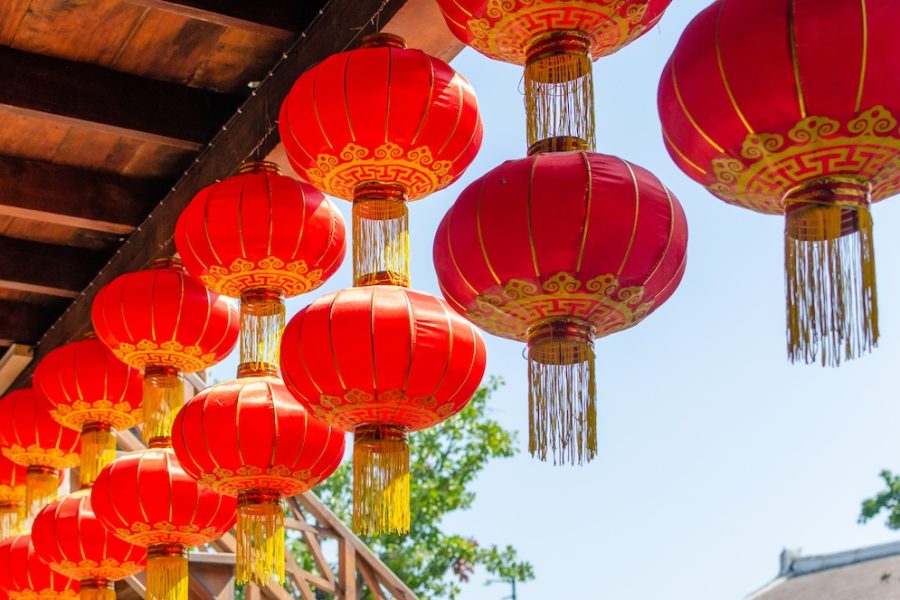 Chinese lanterns decorated according to Chinese shrines or welcoming the Chinese New Year.