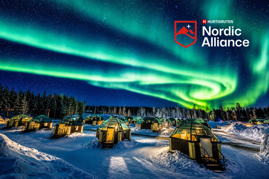 Hurtigruten - Glass Igloos - Northern Lights with Nordic Alliance Logo