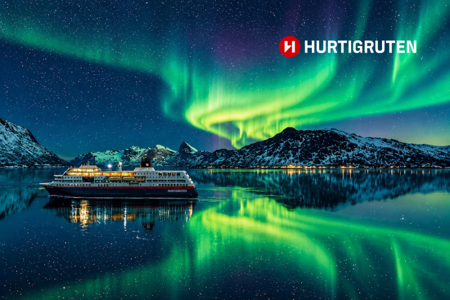 Hurtigruten - Northen Lights over Ship with Logo