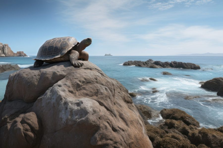 A Galapagos Tortoise sunning itself on a jagged cliff, encircled by the pristine, shimmering ocean
